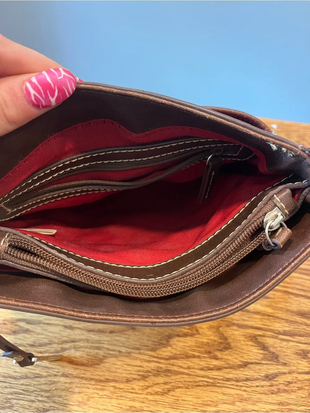 Chaps Red Shoulder Bag with Brown Trim and Buckle Detail